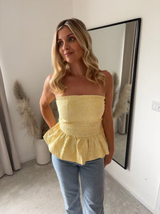 BELLA YELLOW FLORAL EMBOSSED PEPLUM TOP