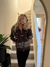 Load image into Gallery viewer, PAISLEY PRINT BROWN FULL ZIP CARDIGAN