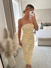 Load image into Gallery viewer, DARCY BUTTER YELLOW FLORAL APPLIQUÉ LINED BANDEAU DRESS