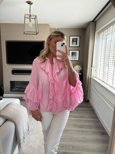 SIERRA PINK RUFFLE FRONT BLOUSE