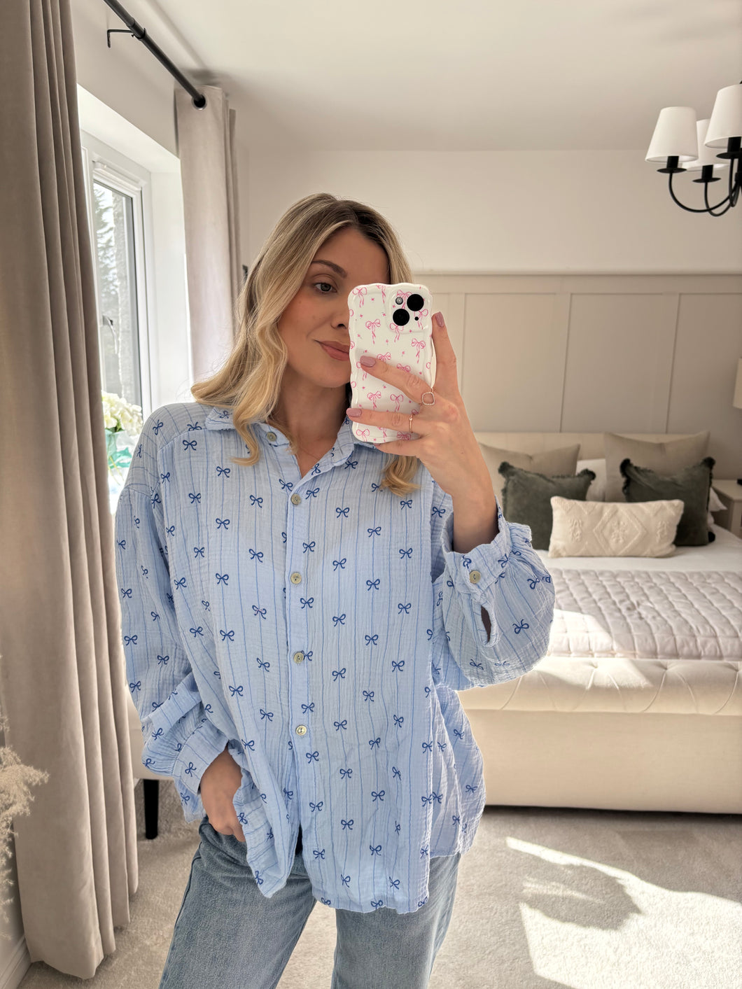BOW BLUE MUSLIN LONG SLEEVE SHIRT