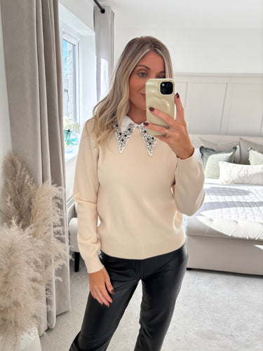 CALLY EMBELLISHED COLLAR CREAM KNIT JUMPER