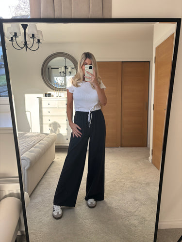 AVRIL PINSTRIPE NAVY PAPERBAG WIDE LEG TROUSERS