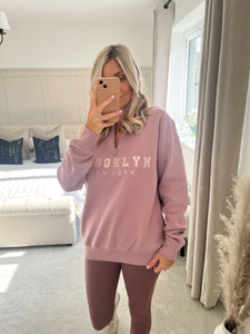 BROOKLYN MAUVE HALF ZIP RELAXED FIT SWEATSHIRT