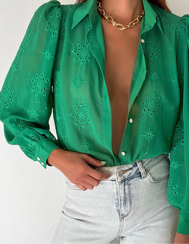 CHELSEA BOTTEGA GREEN SHEER BLOUSE