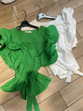 Load image into Gallery viewer, SARA WHITE RUFFLE BELTED TOP