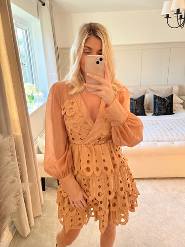 ALAYA TOBACCO BROWN LASER CUT DRESS